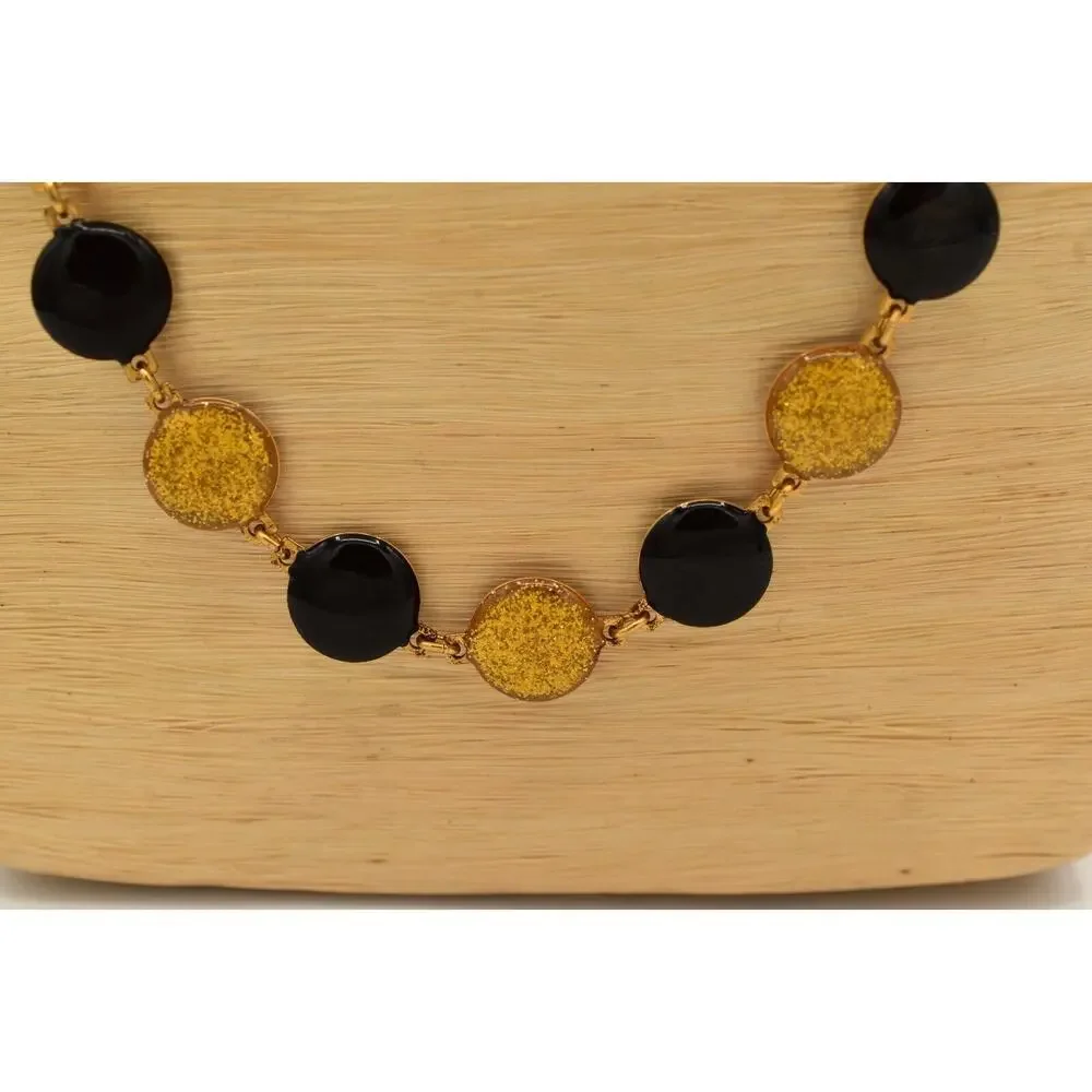 Vintage Black Gold Necklace Enamel Chain Gold Round Dot Circle Linked BinBD